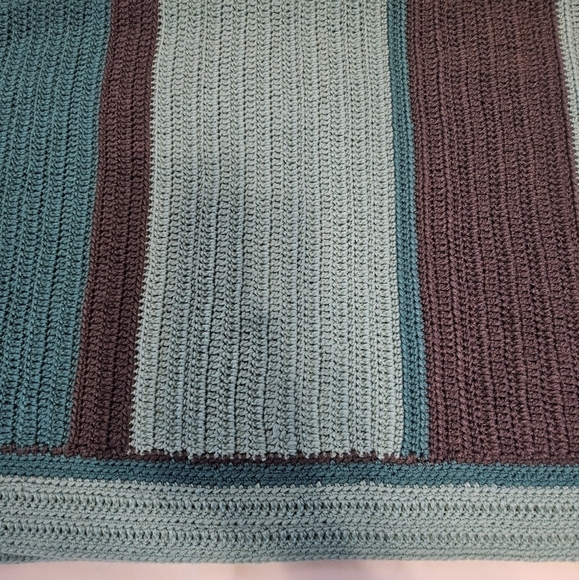Handmade Upcycled Baby Blanket Blue Brown Striped Hand knit Crochet Nursery Gift - Picture 6 of 16